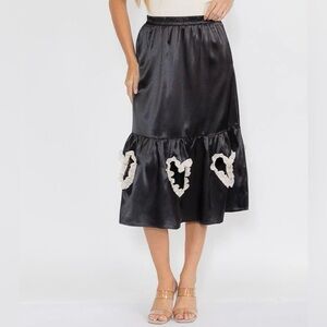 β¨Elegant Black Satin Skirt with Cream Heart Accent β¨